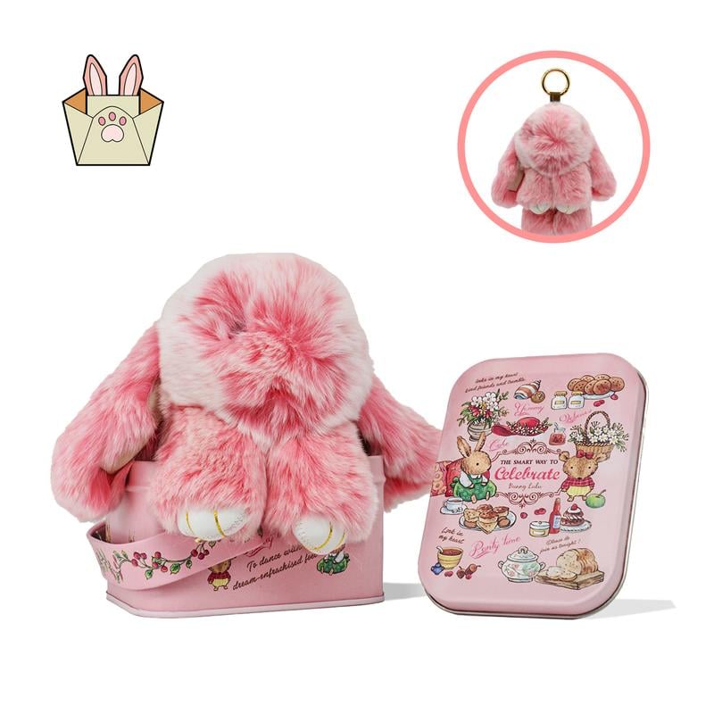 Handmade Bunny PomPom Keychain with Designed Tin Box, Cute Summer, Wedding & Birthday Gift, Charm Accessory for Anxiety Relief