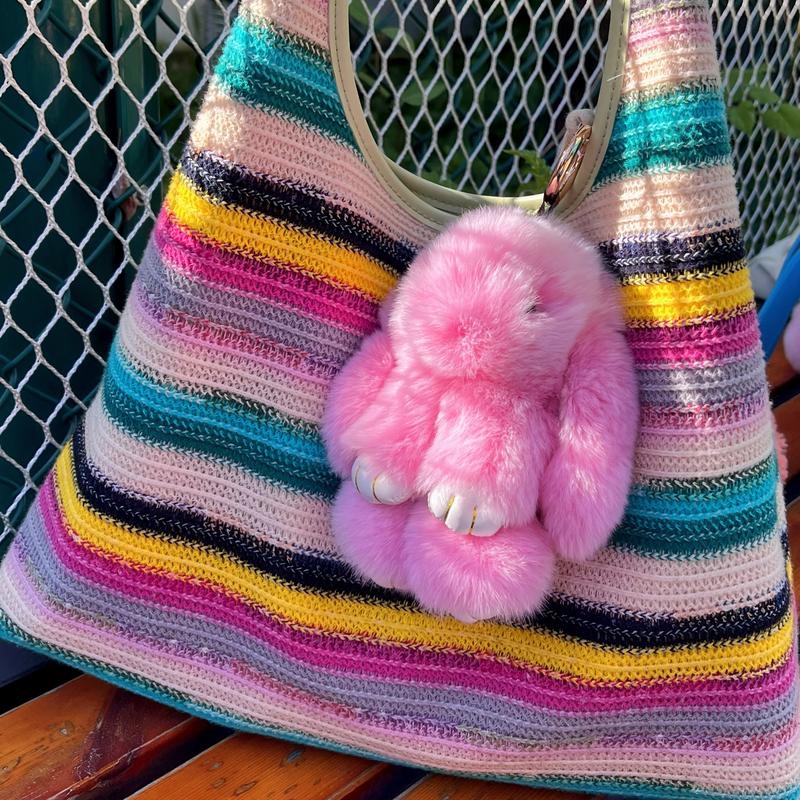 Handmade Bunny PomPom Keychain with Designed Tin Box, Cute Summer, Wedding & Birthday Gift, Charm Accessory for Anxiety Relief
