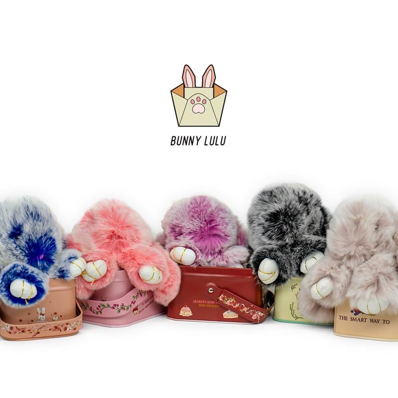 Handmade Bunny PomPom Keychain with Designed Tin Box, Cute Summer, Wedding & Birthday Gift, Charm Accessory for Anxiety Relief