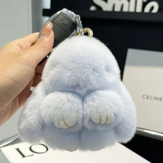 Handmade Bunny PomPom Keychain with Designed Tin Box, Cute Summer, Wedding & Birthday Gift, Charm Accessory for Anxiety Relief