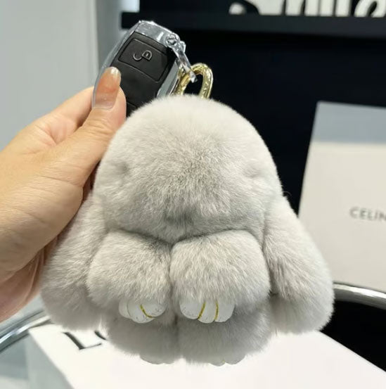 Handmade Bunny PomPom Keychain with Designed Tin Box, Cute Summer, Wedding & Birthday Gift, Charm Accessory for Anxiety Relief
